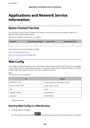 Page 149Applications and Network Service
Information
Epson Connect Service
By using Epson Connect service available on the Internet, you can print from your smartphone, tablet PC, or
laptop, anytime and practically anywhere.
The features available on the Internet are as follows.
Email PrintEpson iPrint remote printScan to CloudRemote Print Driver
✓✓✓✓
See the Epson Connect portal website for details.
https://www.epsonconnect.com/
http://www.epsonconnect.eu (Europe only)
Web Config
Web Config is an application...