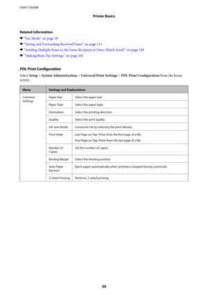 Page 39Related Information
&“Fax Mode” on page 28
&“Saving and Forwarding Received Faxes” on page 112
&“Sending Multiple Faxes to the Same Recipient at Once (Batch Send)” on page 109
&“Making Basic Fax Settings” on page 102
PDL Print Configuration
Select Setup > System Administration > Universal Print Settings > PDL Print Configuration from the home
screen.
MenuSettings and Explanations
Common
SettingsPaper Size Select the paper size.
Paper Type Select the paper type.
Orientation Select the printing direction....