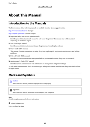 Page 10About This Manual
Introduction to the Manuals
The latest versions of the following manuals are available from the Epson support website.
http://www.epson.eu/Support (Europe)
http://support.epson.net/ (outside Europe)
❏Important Safety Instructions (paper manual)
Provides you with instructions to ensure the safe use of this printer. This manual may not be included
depending on model and region.
❏Start Here (paper manual)
Provides you with information on setting up the printer and installing the...