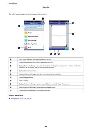 Page 97The following screens are subject to change without notice.
AHome screen displayed when the application is started.
BDisplays information on how to setup the printer and a FAQ.
CDisplays the screen where you can select the printer and make printer settings. Once you have selected the
printer, you do not need to select it again from the next time.
DDisplays the scanning screen.
EDisplays the screen where you can make scan settings such as resolution.
FDisplays scanned images.
GStarts scanning.
HDisplays...