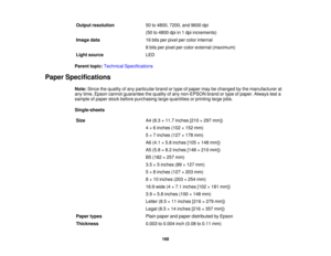 Page 168

Output
resolution
 50
to4800, 7200,and9600 dpi
 (50
to4800 dpiin1dpi increments)
 Image
data
 16
bits perpixel percolor internal
 8
bits perpixel percolor external (maximum)
 Light
source
 LED

Parent
topic:Technical Specifications
 Paper
Specifications
 Note:
Sincethequality ofany particular brandortype ofpaper maybechanged bythe manufacturer at
 any
time, Epson cannot guarantee thequality ofany non-EPSON brandortype ofpaper. Always testa
 sample
ofpaper stockbefore purchasing largequantities...