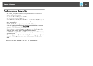 Page 143Trademarks  and  Copyrights
IBM, DOS/V, and XGA are trademarks or registered trademarks of International
Business Machines Corporation.
Mac and Mac OS are trademarks of Apple Inc.
App Store is a service mark of Apple Inc.
Microsoft, Windows, Windows Vista, Windows 7, PowerPoint, and Windows logo are
trademarks or registered trademarks of Microsoft Corporation in the United States
and/or other countries.
WPA
™ and WPA2
™ are registered trademarks of Wi-Fi Alliance.
HDMI and High-Definition Multimedia...