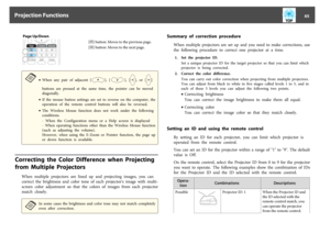 Page 65Page Up/Down
[[] button: Moves to the previous page.
[]] button: Moves to the next page.
a
•When  any  pair  of  adjacent  [
],  [
],  [
],  or  [
]
buttons  are  pressed  at  the  same  time,  the  pointer  can  be  moved
diagonally.
•If  the  mouse  button  settings  are  set  to  reverse  on  the  computer,  the
operation  of  the  remote  control  buttons  will  also  be  reversed.
•The  Wireless  Mouse  function  does  not  work  under  the  following
conditions.
-  When  the  Configuration  menu...