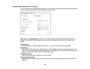 Page 120

Available
ImageAdjustments -Office Mode
 You
canselect theseImage Adjustments optionsinEpson ScanOffice Mode. Notalladjustment settings
 may
beavailable, depending onother settings youhave chosen.
 Note:
Select theImage Option checkbox ifyou need toset any ofthe grayed-out imageadjustments
 beneath
thecheckbox. Notalladjustment settingsmaybeavailable, depending onthe Image Type
 setting.

Unsharp
Mask
 Makes
theedges ofcertain imageareasclearer. Turnoffthis option toleave softer edges.
 Descreening...