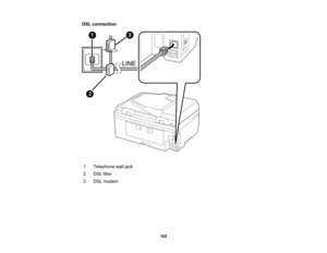 Page 142

DSL
connection
 1
 Telephone
walljack
 2
 DSL
filter
 3
 DSL
modem
 142  