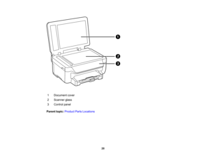 Page 20

1
 Document
cover
 2
 Scanner
glass
 3
 Control
panel
 Parent
topic:Product PartsLocations
 20  