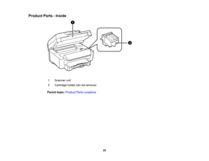 Page 22

Product
Parts-Inside
 1
 Scanner
unit
 2
 Cartridge
holder(donotremove)
 Parent
topic:Product PartsLocations
 22  