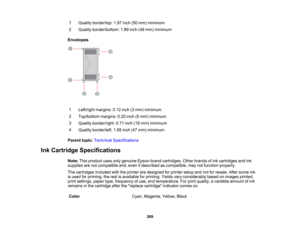 Page 269

1
 Quality
border/top: 1.97inch(50mm) minimum
 2
 Quality
border/bottom: 1.89inch(48mm) minimum
 Envelopes

1
 Left/right
margins:0.12inch(3mm) minimum
 2
 Top/bottom
margins:0.20inch(5mm) minimum
 3
 Quality
border/right: 0.71inch(18mm) minimum
 4
 Quality
border/left: 1.85inch(47mm) minimum
 Parent
topic:Technical Specifications
 Ink
Cartridge Specifications
 Note:
Thisproduct usesonlygenuine Epson-brand cartridges.Otherbrands ofink cartridges andink
 supplies
arenotcompatible and,even ifdescribed...