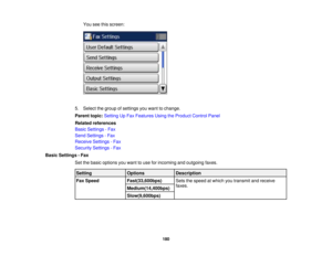 Page 180

You
seethisscreen:
 5.
Select thegroup ofsettings youwant tochange.
 Parent
topic:Setting UpFax Features UsingtheProduct ControlPanel
 Related
references
 Basic
Settings -Fax
 Send
Settings -Fax
 Receive
Settings-Fax
 Security
Settings-Fax
 Basic
Settings -Fax
 Set
thebasic options youwant touse forincoming andoutgoing faxes.
 Setting
 Options
 Description

Fax
Speed
 Fast(33,600bps)
 Sets
thespeed atwhich youtransmit andreceive
 faxes.

Medium(14,400bps)

Slow(9,600bps)

180 