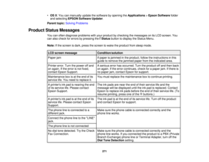 Page 271

•
OS X:You canmanually updatethesoftware byopening theApplications >Epson Software folder
 and
selecting EPSONSoftware Updater.
 Parent
topic:Solving Problems
 Product
StatusMessages
 You
canoften diagnose problems withyour product bychecking themessages onitsLCD screen. You
 can
also check forerrors bypressing theStatus buttontodisplay theStatus Menu.
 Note:
Ifthe screen isdark, press thescreen towake theproduct fromsleep mode.
 LCD
screen message
 Condition/solution

Paper
jam
 If
paper isjammed...