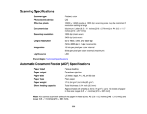 Page 325

Scanning
Specifications
 Scanner
type
 Flatbed,
color
 Photoelectric
device
 CIS

Effective
pixels
 10200
×14040 pixelsat1200 dpi;scanning areamayberestricted if
 resolution
settingislarge
 Document
size
 Maximum:
Letter(8.5×11 inches [216×279 mm]) orA4 (8.3 ×11.7
 inches
[210×297 mm])
 Scanning
resolution
 1200
dpi(main scan)
 2400
dpi(sub scan)
 Output
resolution
 50
to4800, 7200,and9600 dpi
 (50
to4800 dpiin1dpi increments)
 Image
data
 16
bits perpixel percolor internal
 8
bits perpixel percolor...