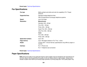 Page 326

Parent
topic:Technical Specifications
 Fax
Specifications
 Fax
type
 Walk-up
black-and-white andcolor faxcapability (ITU-TSuper
 Group
3)
 Supported
lines
 Standard
analogtelephone lines
 PBX
(Private BranchExchange) telephonesystems
 Speed
 Up
to33.6 kbps
 Resolution
 Monochrome
:
 Standard:
203×98 dpi
 Fine:
203×196 dpi
 Photo:
203×196 dpi
 Super
Fine:203×392 dpi
 Ultra
Fine: 406×392 dpi
 Color
:
 Fine:
200×200 dpi
 Photo:
200×200 dpi
 Speed
dialnumbers
 Up
to100
 Page
memory
 Up
to180 pages (based...