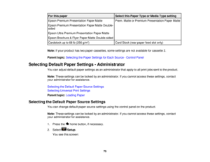 Page 75

For
this paper
 Select
thisPaper TypeorMedia Typesetting
 Epson
Premium Presentation PaperMatte
 Prem.
MatteorPremium Presentation PaperMatte
 Epson
Premium Presentation PaperMatteDouble-
 sided

Epson
UltraPremium Presentation PaperMatte
 Epson
Brochure &Flyer Paper MatteDouble-sided
 Cardstock
upto68 lb(256 g/m2
)
 Card
Stock (rearpaper feedslotonly)
 Note:
Ifyour product hastwopaper cassettes, somesettings arenotavailable forcassette 2.
 Parent
topic:Selecting thePaper Settings forEach Source...
