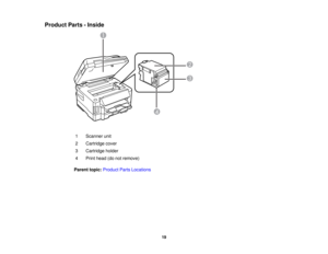 Page 19

Product
Parts-Inside
 1
 Scanner
unit
 2
 Cartridge
cover
 3
 Cartridge
holder
 4
 Print
head (donotremove)
 Parent
topic:Product PartsLocations
 19  