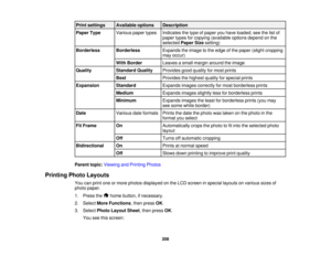 Page 208

Print
settings
 Available
options
 Description

Paper
Type
 Various
papertypes
 Indicates
thetype ofpaper youhave loaded; seethelistof
 paper
typesforcopying (available optionsdepend onthe
 selected
PaperSizesetting)
 Borderless
 Borderless
 Expands
theimage tothe edge ofthe paper (slight cropping
 may
occur)
 With
Border
 Leaves
asmall margin around theimage
 Quality
 Standard
Quality
 Provides
goodquality formost prints
 Best
 Provides
thehighest qualityforspecial prints
 Expansion
 Standard...