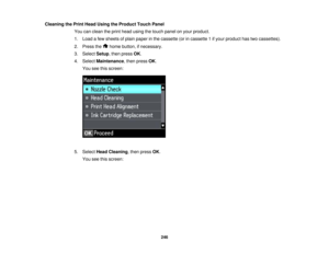 Page 246

Cleaning
thePrint Head Using theProduct TouchPanel
 You
canclean theprint head using thetouch panel onyour product.
 1.
Load afew sheets ofplain paper inthe cassette (orincassette 1ifyour product hastwocassettes).
 2.
Press the homebutton, ifnecessary.
 3.
Select Setup,then press OK.
 4.
Select Maintenance ,then press OK.
 You
seethisscreen:
 5.
Select HeadCleaning ,then press OK.
 You
seethisscreen:
 246  