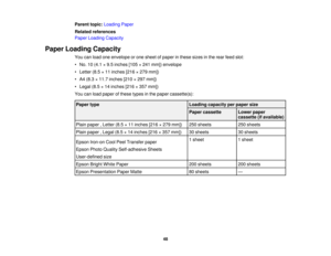 Page 48

Parent
topic:Loading Paper
 Related
references
 Paper
Loading Capacity
 Paper
Loading Capacity
 You
canload oneenvelope orone sheet ofpaper inthese sizesinthe rear feed slot:
 •
No. 10(4.1 ×9.5 inches [105×241 mm]) envelope
 •
Letter (8.5×11 inches [216×279 mm])
 •
A4 (8.3 ×11.7 inches [210×297 mm])
 •
Legal (8.5×14 inches [216×357 mm])
 You
canload paper ofthese typesinthe paper cassette(s):
 Paper
type
 Loading
capacity perpaper size
 Paper
cassette
 Lower
paper
 cassette
(ifavailable)
 Plain
paper...