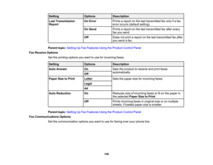 Page 149

Setting
 Options
 Description

Last
Transmission
 On
Error
 Prints
areport onthe last transmitted faxonly ifa fax
 Report
 error
occurs (default setting).
 On
Send
 Prints
areport onthe last transmitted faxafter every
 fax
you send.
 Off
 Does
notprint areport onthe last transmitted faxafter
 you
send afax.
 Parent
topic:Setting UpFax Features UsingtheProduct ControlPanel
 Fax
Receive Options
 Set
theprinting optionsyouwant touse forincoming faxes.
 Setting
 Options
 Description

Auto
Answer
 On
 Sets...