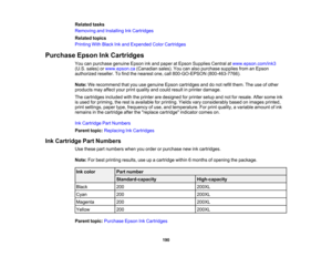Page 190

Related
tasks
 Removing
andInstalling InkCartridges
 Related
topics
 Printing
WithBlack Inkand Expended ColorCartridges
 Purchase
EpsonInkCartridges
 You
canpurchase genuineEpsoninkand paper atEpson Supplies Centralatwww.epson.com/ink3
 (U.S.
sales) orwww.epson.ca (Canadiansales).Youcanalso purchase suppliesfromanEpson
 authorized
reseller.Tofind thenearest one,call800-GO-EPSON (800-463-7766).
 Note:
Werecommend thatyouusegenuine Epsoncartridges anddonot refill them. Theuseofother
 products
mayaffect...