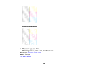 Page 208

Print
head needs cleaning
 6.
Ifthere arenogaps, clickFinish .
 If
there aregaps orthe pattern isfaint, clean theprint head.
 Parent
topic:PrintHead Nozzle Check
 Related
concepts
 Print
Head Cleaning
 208   