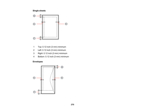 Page 270

Single
sheets
 1
 Top:
0.12inch(3mm) minimum
 2
 Left:
0.12 inch(3mm) minimum
 3
 Right:
0.12inch(3mm) minimum
 4
 Bottom:
0.12inch(3mm) minimum
 Envelopes

270   