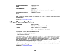 Page 274

Wireless
Communication
 Infrastructure
mode
 mode

Ad
hoc mode
 Ethernet
standard
 IEEE802.3i/u

IEEE802.3az
(theconnected deviceshould comply with
 IEEE802.3az)

Ethernet
Communication
 100BASE-TX/10BASE-T

mode

Note:
Wireless LANstandard complies witheither IEEE802.11 b/gorIEEE 802.11 b/g/n,depending on
 purchase
location.
 Parent
topic:Technical Specifications
 Safety
andApprovals Specifications
 United
States
 Safety:
UL60950-1
 EMC:
FCCpart15Subpart BClass B
 Canada
 Safety:
CAN/CSA-C22.2...