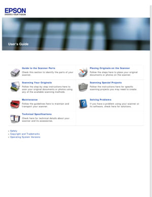 Page 1
 
User’s Guide
Guide to the Scanner Parts 
Check this section to identify the parts of your 
scanner.Placing Originals on the Scanner 
Follow the steps here to place your original 
documents or photos on the scanner.
Scanning Your Originals 
Follow the step-by-step instructions here to 
scan your original documents or photos using 
any of the available scanning methods.Scanning Special Projects 
Follow the instructions here for specific 
scanning projects you may need to create.
Maintenance 
Follow the...