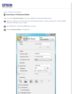 Page 39
 
Home > Scanning Your Originals 
Scanning in Professional Mode
When you select Professional Mode, you see the EPSON Scan Professional Mode window.
Place your original(s) on the document table. See Placing Documents or Photos or Placing Film or Slides (EPSON 
Perfection V330 Photo Only) for details.
Start EPSON Scan. See Starting EPSON Scan for details.
Select Professional Mode in the Mode list. 