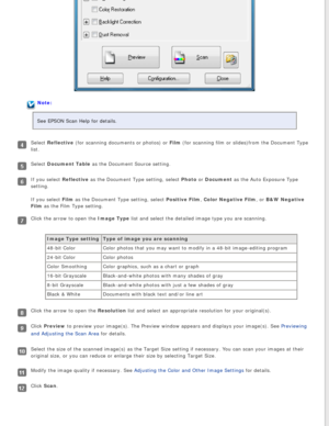 Page 40
Note:
See EPSON Scan Help for details.
Select Reflective (for scanning documents or photos) or Film (for scanning film or slides)from the Document Type 
list.
Select Document Table as the Document Source setting.
If you select Reflective as the Document Type setting, select Photo or Document as the Auto Exposure Type 
setting.
If you select Film as the Document Type setting, select Positive Film, Color Negative Film, or B&W Negative 
Film as the Film Type setting.
Click the arrow to open the Image Type...