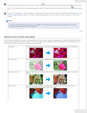 Page 46
Just draw them as described in steps 1 through 3, or click the  copy marquee icon to create additional marquees of the same size. 
You can move and resize all the marquees as described in step 3. To dele\
te a marquee, click inside it and click the 
 delete marquee 
icon.
To adjust the image quality, click the image(s) or scan area(s) you \
want to modify and make the adjustments. See Adjusting the Color 
and Other Image Settings for details. If you want to apply the adjustments you have made to all \...