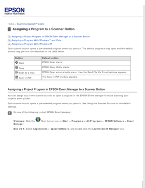 Page 64
 
Home > Scanning Special Projects 
Assigning a Program to a Scanner Button
Assigning a Project Program in EPSON Event Manager to a Scanner Button 
Assigning a Program With Windows 7 and Vista 
Assigning a Program With Windows XP 
Each scanner button opens a pre-selected program when you press it. The \
default programs they open and the default 
actions they perform are described in the table below.
Button Default action
 Start EPSON Scan starts.
 CopyEPSON Copy Utility starts. 
 Scan to E-mail
EPSON...