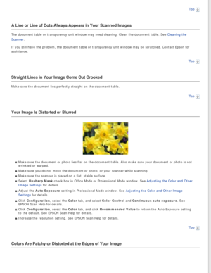 Page 81
Top 
A Line or Line of Dots Always Appears in Your Scanned Images
The document table or transparency unit window may need cleaning. Clean \
the document table. See Cleaning the 
Scanner.
If you still have the problem, the document table or transparency unit w\
indow may be scratched. Contact Epson for 
assistance.Top
 
Straight Lines in Your Image Come Out Crooked
Make sure the document lies perfectly straight on the document table.Top
 
Your Image Is Distorted or Blurred
Make sure the document or photo...