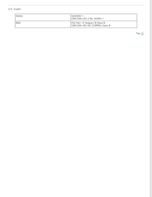 Page 95
U.S. model:Safety UL60950-1 
CAN/CSA-C22.2 No. 60950-1
EMC FCC Part 15 Subpart B Class B 
CAN/CSA-CEI/IEC CISPR22 Class B
Top
  