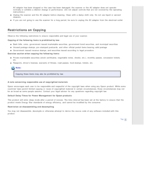 Page 11AC adapter has been  dropped  or  the  case  has been  damaged; the  scanner  or  the  AC adapter does  not  operatenormally or  exhibits  a  distinct  change  in  performance.  (Do  not  adjust  controls that  are  not  covered by  the  operating
instructions.)
Unplug  the  scanner  and the  AC adapter before cleaning.  Clean  with  a  damp  cloth  only. Do not  use liquid  or  aerosol
cleaners.
If you  are  not  going to  use the  scanner  for a  long  period,  be  sure to  unplug  the  AC adapter from...
