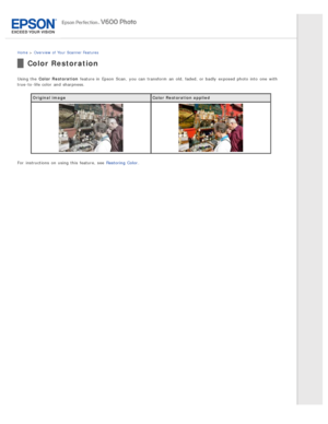 Page 13Home > Overview  of Your  Scanner Features
Color Restoration
Using the  Color  Restoration  feature in  Epson  Scan,  you  can transform  an  old, faded, or  badly  exposed photo into  one  with
true-to -life color  and sharpness.
Original image Color  Restoration  applied
For  instructions  on  using this  feature, see  Restoring Color . 