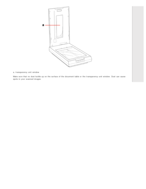 Page 125a. transparency unit  window
Make  sure that  no  dust builds  up on  the  surface of the  document table or  the  transparency unit  window.  Dust  can cause
spots in  your scanned  images. 