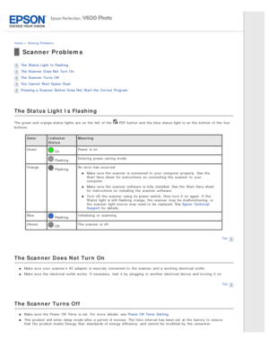Page 129Home > Solving  Problems
Scanner Problems
The  Status  Light Is  Flashing
The  Scanner Does Not  Turn  On
The  Scanner Turns  Off
You Cannot Start Epson  Scan
Pressing a  Scanner Button  Does Not  Start the  Correct Program
The Status Light Is Flashing
The  green and orange status lights  are  on  the  left  of the   PDF  button and the  blue  status light is on  the  bottom of the  four
buttons.
Color Indicator
Status Meaning
Green
 On Power is on.
 FlashingEntering  power saving  mode.
Orange
 Flashing...