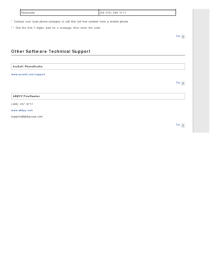 Page 142Venezuela(58  212) 240 -1111
*  Contact  your local phone company to  call this  toll  free number from a  mobile  phone.
** Dial  the  first 7  digits, wait for a  message, then enter  the  code.
Top
Other Software Technical Support
ArcSoft  PhotoStudio
www.arcsoft.com/support
Top
ABBYY FineReader
(408)  457 -9777
www.abbyy.com
support@abbyyusa.com
Top 