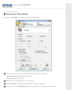 Page 42Home > Scanning  Your  Originals
Scanning in Home Mode
When you  select  Home  Mode , you  see  the  Epson  Scan  Home  Mode window.
Place your original(s)  on  the  document table. See one  of these  sections for instructions.
Documents  or photos: Placing  Documents  or  Photos
Film or slides:  Placing  Film or  Slides
Start Epson  Scan.  See Starting  Epson  Scan  for instructions.
Select Home  Mode  in  the  Mode list.  See Changing  the  Scan  Mode  for instructions.
Click the  arrow to  open the...