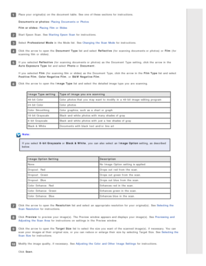 Page 45Place your original(s)  on  the  document table. See one  of these  sections for instructions.
Documents  or photos: Placing  Documents  or  Photos
Film or slides:  Placing  Film or  Slides
Start Epson  Scan.  See Starting  Epson  Scan  for instructions.
Select Professional  Mode  in  the  Mode list.  See Changing  the  Scan  Mode  for instructions.
Click the  arrow to  open the  Document  Type list and select  Reflective (for  scanning  documents or  photos)  or  Film  (for
scanning  film or  slides)....