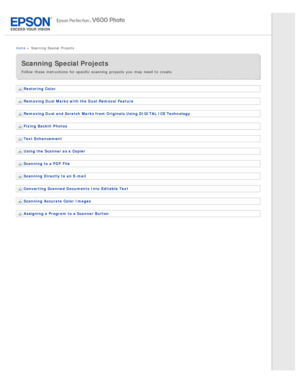 Page 6Home >  Scanning  Special  Projects
Scanning Special Projects
Follow these  instructions  for specific scanning  projects  you  may need  to  create.
Restoring  Color
Removing Dust Marks with the  Dust Removal Feature
Removing Dust and Scratch  Marks from Originals  Using DIGITAL  ICE Technology
Fixing  Backlit  Photos
Text Enhancement
Using the  Scanner as a Copier
Scanning  to  a PDF  File
Scanning  Directly to  an E-mail
Converting  Scanned Documents  Into  Editable Text
Scanning  Accurate  Color...