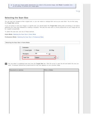 Page 62To  undo any  image quality adjustments  you  make to  the  preview  image,  click Reset if  available, turn
off  the  setting, or  preview  your image again.
Top
Selecting the Scan Size
You can scan your images at their  original  size, or  you  can reduce or  enlarge their  size  as  you  scan them. You do  this  using
the   Target Size  setting.
If you  are  going to  scan your image to  a  specific size, you  should select  the  Target Size  setting  after previewing it,  but before
adjusting  your...