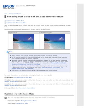 Page 76Home > Scanning  Special  Projects
Removing Dust Marks with the Dust Removal Feature
Dust  Removal  in  Full Auto  Mode
Dust  Removal  in  Professional  Mode
Using the  Dust Removal  feature in  Epson  Scan,  you  can virtually “clean”  the  dust marks  from your originals  as  you  scan
them.
Before scanning  your originals, carefully remove any  dust that  you  can see  on  them.
Original image Dust Removal applied
Note:
Before scanning  your originals, carefully remove any  dust that  you  can see  on...