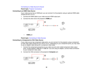Page 32

Connecting
toaVideo Source forSound
 Parent
topic:Projector Connections
 Connecting
toan HDMI Video Source
 If
your video source hasanHDMI port,youcanconnect itto the projector usinganoptional HDMIcable
 (PowerLite
W12+/X14+).
 1.
Connect theHDMI cabletoyour video sources HDMIoutput port.
 2.
Connect theother endtothe projectors HDMIport.
 1
 HDMI
port
 Parent
topic:Connecting toVideo Sources
 Connecting
toaComponent-to-VGA VideoSource
 If
your video source hascomponent videoports, youcanconnect itto...
