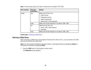 Page 64

Note:
Forbest results, placeyourfilesonmedia thatisformatted inFAT16/32.
 File
contents
 File
type
 Details

(extension)

Image
 .jpg
 Make
surethefileisnot:
 •
CMYK format
 •
Progressive format
 •
Highly compressed
 •
Above 8192×8192 resolution
 .bmp
 Make
surethefileresolution isnot above 1280×800
 .gif
 Make
surethefileisnot:
 •
Above 1280×800 resolution
 •
Animated
 .png
 Make
surethefileresolution isnot above 1280×800
 Parent
topic:Projecting aSlide Show
 Starting
aSlide Show
 After
connecting...