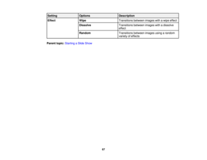 Page 67

Setting
 Options
 Description

Effect
 Wipe
 Transitions
betweenimageswithawipe effect
 Dissolve
 Transitions
betweenimageswithadissolve
 effect

Random
 Transitions
betweenimagesusingarandom
 variety
ofeffects
 Parent
topic:Starting aSlide Show
 67 