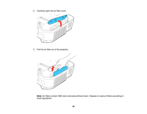 Page 95

2.
Carefully opentheairfilter cover.
 3.
Pull theairfilter outofthe projector.
 Note:
Airfilters contain ABSresin andpolyurethane foam.Dispose ofused airfilters according to
 local
regulations.
 95   