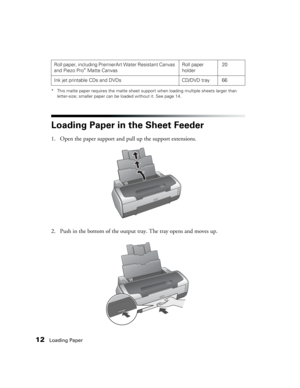 Page 1212Loading Paper
* This matte paper requires the matte sheet support when loading multiple sheets larger than 
letter-size; smaller paper can be loaded without it. See page 14.
Loading Paper in the Sheet Feeder
1. Open the paper support and pull up the support extensions. 
2. Push in the bottom of the output tray. The tray opens and moves up. 
Roll paper, including PremierArt Water Resistant Canvas 
and Piezo Pro® Matte Canvas Roll paper 
holder20
Ink jet printable CDs and DVDs CD/DVD tray 66 