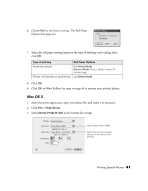 Page 41Printing Special Photos41
6. Choose Roll as the Source setting. The Roll Paper 
Options box pops up:
7. Select the roll paper settings based on the type of printing you’re doing, then 
click
OK:
8. Click 
OK.
9. Click 
OK or Print. Follow the steps on page 44 to remove your printed photos.
Mac OS X
1. Start your print application, open your photo file, and resize it as necessary.
2. Click 
File > Page Setup.
3. Select 
Stylus Photo R1800 as the Format for setting:
Type of printingRoll Paper Options...