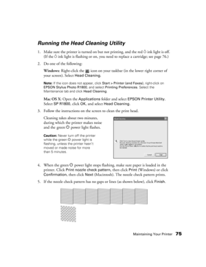 Page 75Maintaining Your Printer75
Running the Head Cleaning Utility
1. Make sure the printer is turned on but not printing, and the red Hink light is off. 
(If the 
Hink light is flashing or on, you need to replace a cartridge; see page 76.)
2. Do one of the following:
Windows: Right-click the   icon on your taskbar (in the lower right corner of 
your screen). Select 
Head Cleaning.
Note: If the icon does not appear, click Start > Printer (and Faxes), right-click on 
EPSON Stylus Photo R1800, and select...